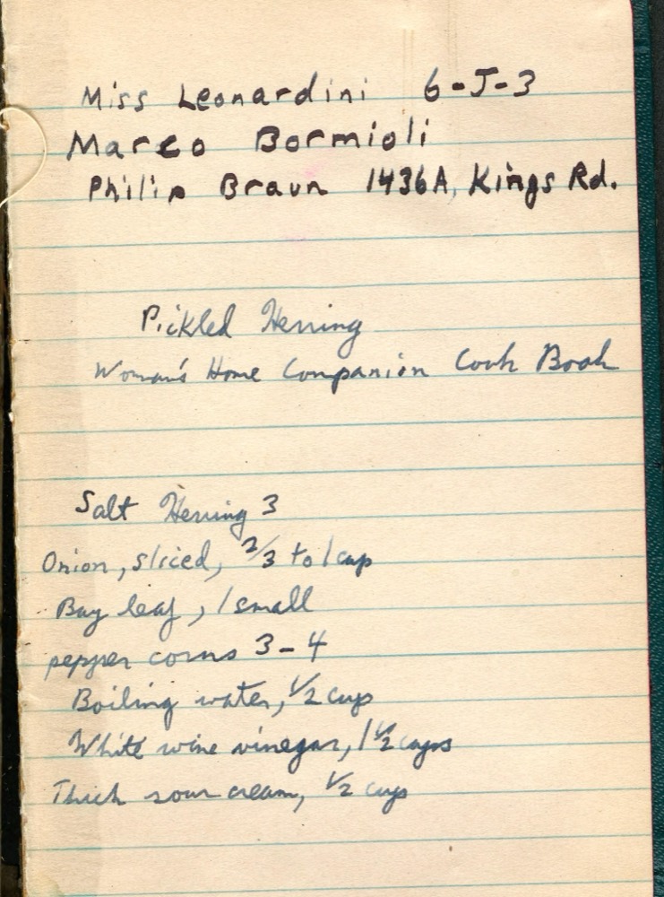 手書きのレシピ帳のページ：Pickled Herring、Salt Herring 3、Onion sliced 2/3 to 1 cup